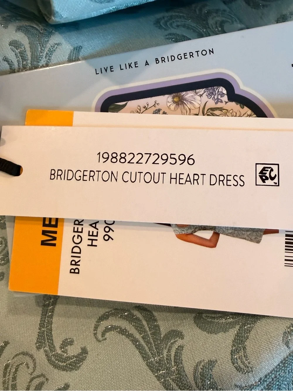 Bridgerton Cutout Heart Dress Teal Damask Pearl Back Detail Women’s M NWT - Picture 6 of 16